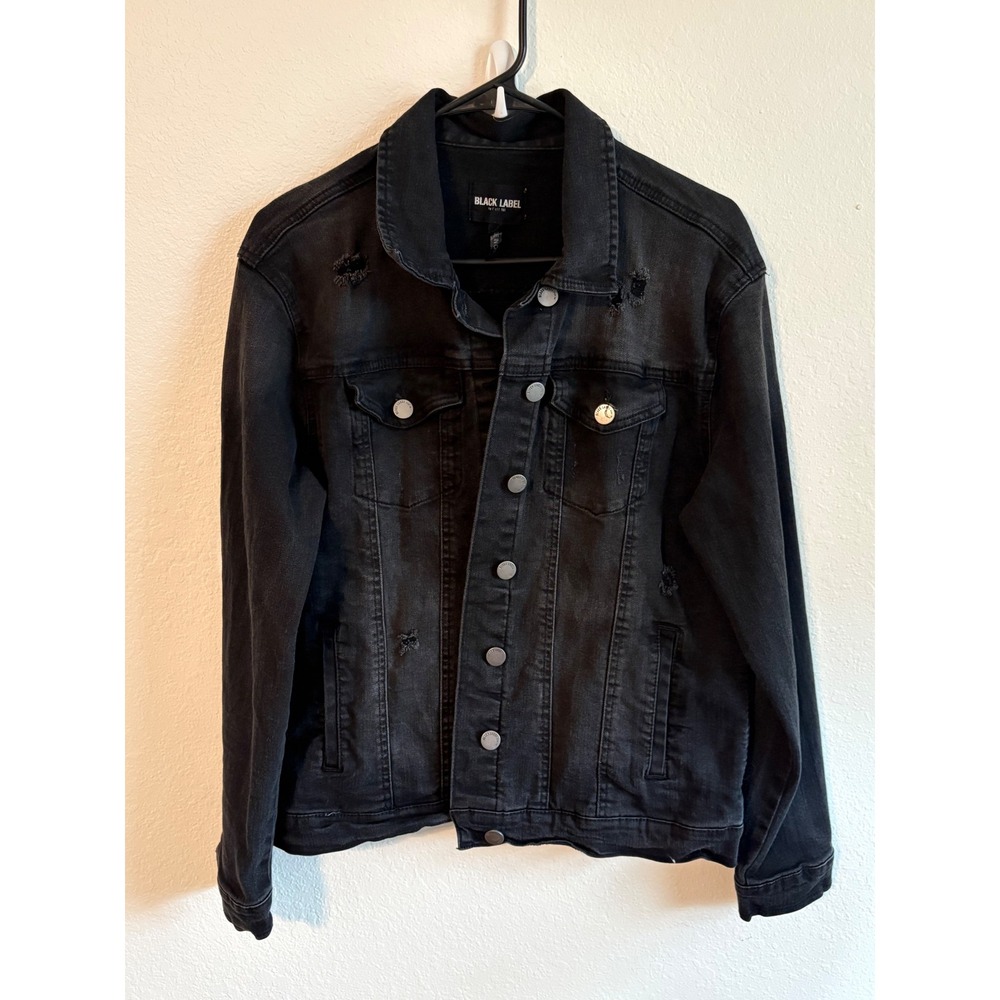 Black Label by First Toe Distressed Denim Jacket Faded Black Trucker S‎